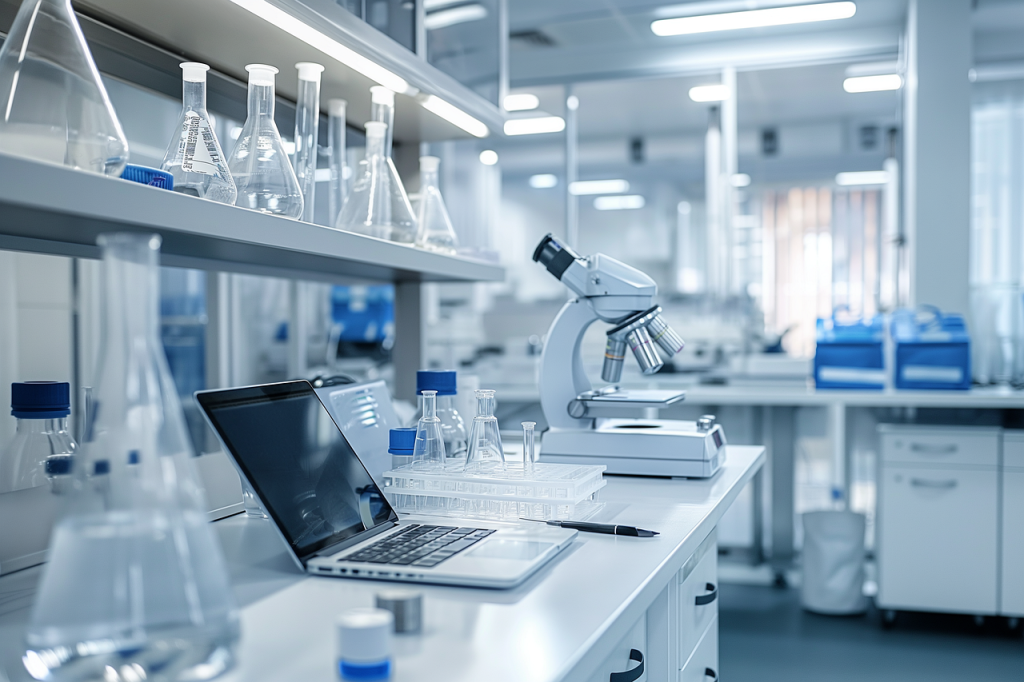 Science lab with microscope and utensils