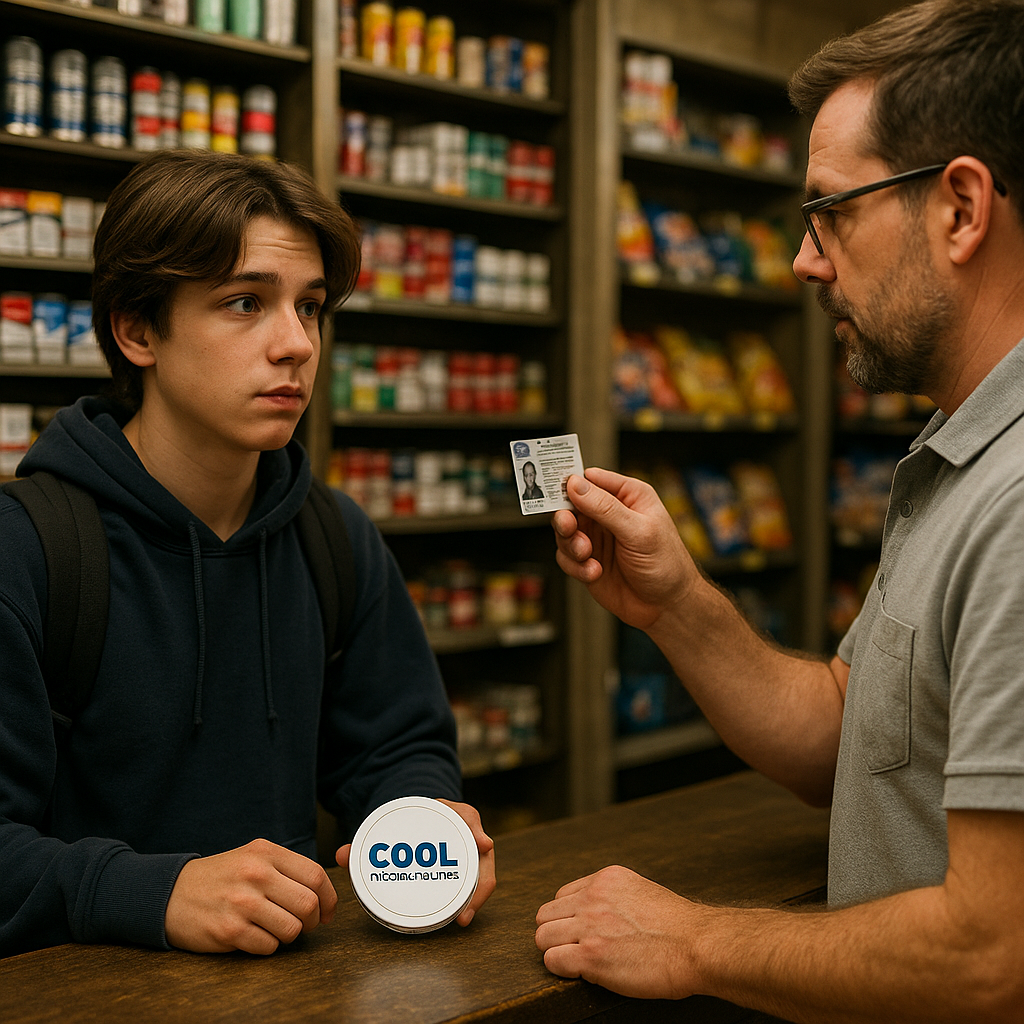 AI generated image of a young teenager trying to buy nicotine pouches
