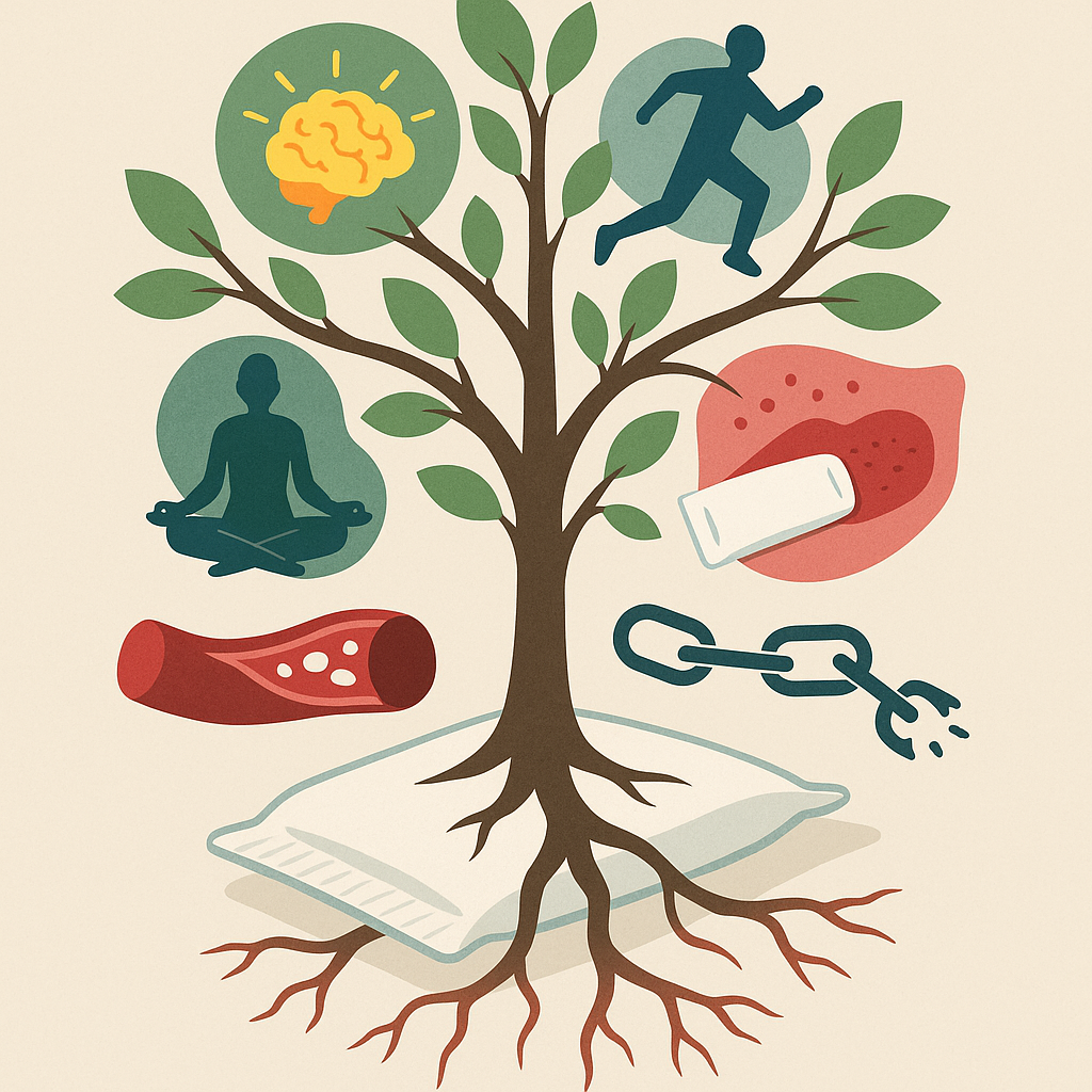 A "Tree of Effects" illustration of benefits and drawbacks of nicotine.