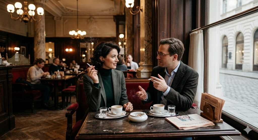 A woman and a man smoking in a café