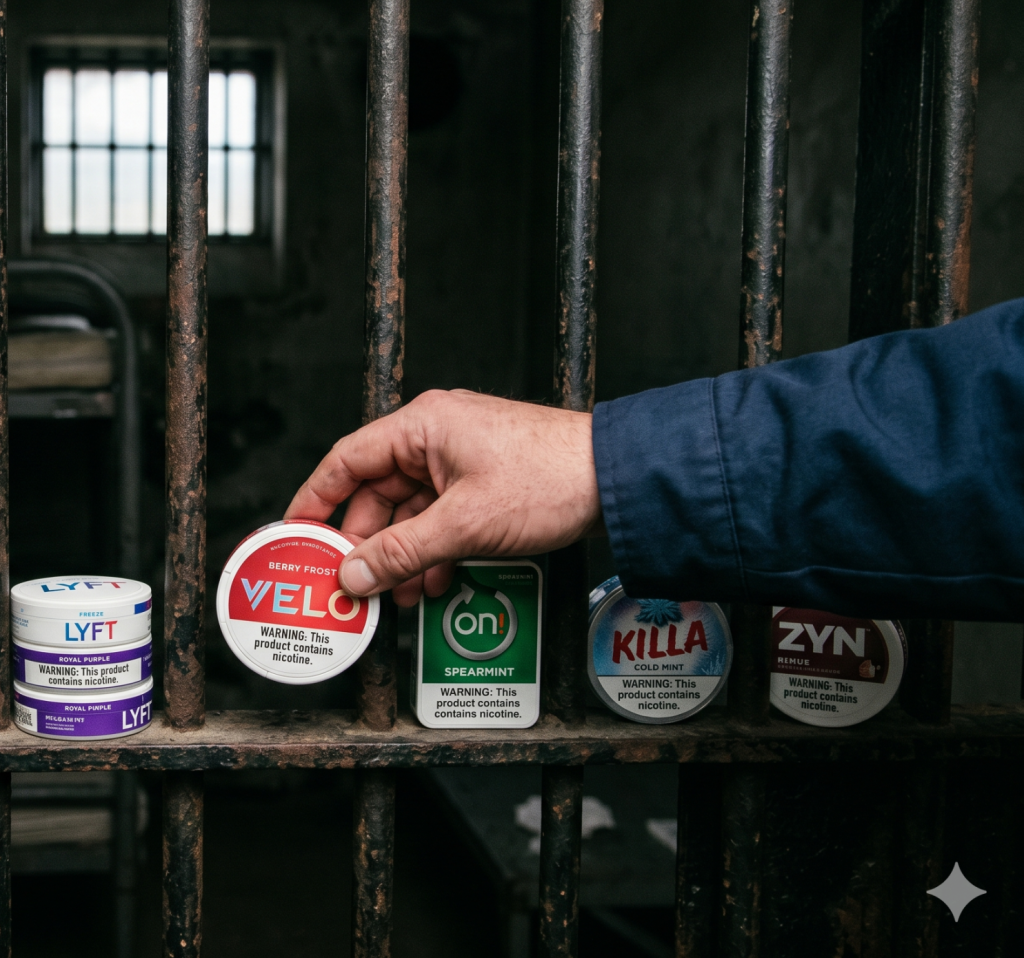 Snus cans lined up along the bars of a prison cell.
